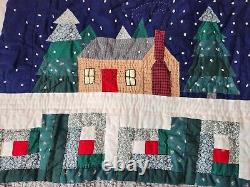 Handmade Vintage Throw Quilt Christmas Winter Log Cabin Trees Wall Hanging 60x48