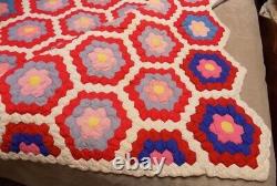 Hexagon Flower Garden Patchwork Quilt 92x 74 Vintage Large Handmade