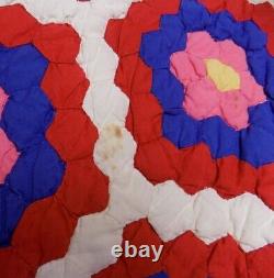 Hexagon Flower Garden Patchwork Quilt 92x 74 Vintage Large Handmade