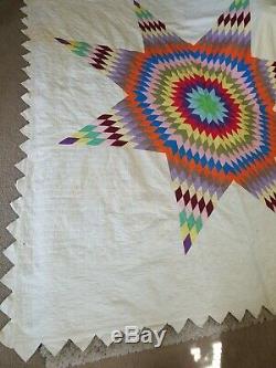 Huge Antique Vintage Handmade Cotton Quilt Colorful Star Motif Approx 100 x 105