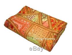Indian Patch Work Bedspread Kantha Quilt Blanket Vintage Handmade Mirror Work