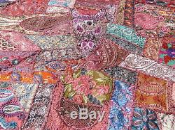 Indian Patchwork Burgundy Quilt Vintage Bedspread Sari Queen Boho India Handmade