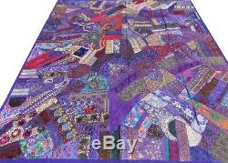 Indian Quilt Patchwork Purple Sari King Paisley Boho Vintage India Bedspread