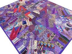 Indian Quilt Patchwork Purple Sari King Paisley Boho Vintage India Bedspread