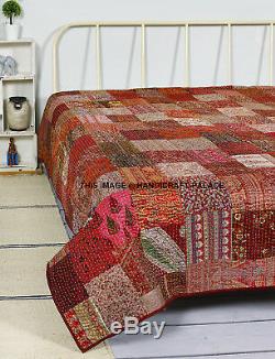 Indian Silk Kantha Bed Cover Vintage King Size Bedspread Throw Patchwork Gudari