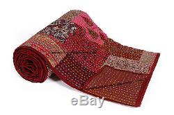 Indian Silk Kantha Bed Cover Vintage King Size Bedspread Throw Patchwork Gudari
