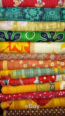 Indian Vintage Handmade Kantha Quilt Reversible Cotton Throw Wholesale Lot 10 pc