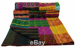 Indian Vintage Ikat Silk Kantha Patchwork Handmade Quilt Blanket King Size Throw