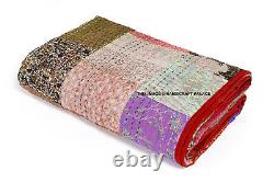 Indian Vintage Silk Saree Hand Made Patchwork Kantha Bed Spread Quilt King Size