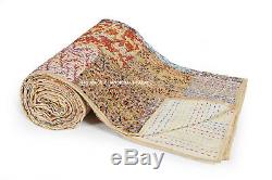 Indian Vintage Silk Sari Kantha Quilt Patchwork Bedspread King Size Throw Gudari