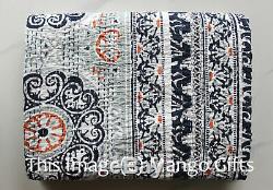 Indigo Kantha Quilt Vintage Throw Handmade Cotton Blanket Floral Print Indian