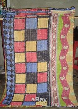 Kantha Quilt Vintage Reversible Blanket Handmade Cotton Bedspread Throw Lot Xmas