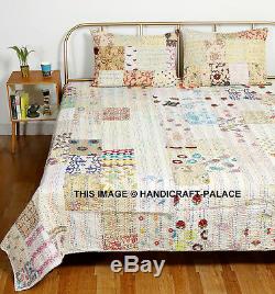 King Size Kantha Quilt Silk Patchwork Vintage Handmade Bedspread Blanket Set