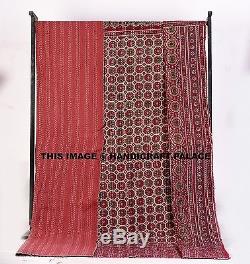 King Size Maroon Hand Block Print Cotton Kantha Quilt Vintage Indian Bedspread