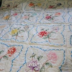 King Size Quilt Embroidered Pink Red Roses Handmade Vintage 1930s Hand Quilted