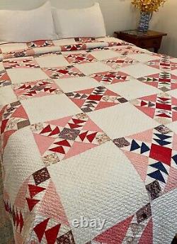 LARGE c1800s Antique Hand Stitched Quilt Flying Geese Pink, Green & Red 86x96