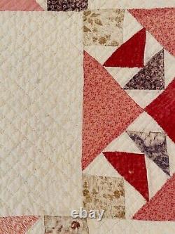 LARGE c1800s Antique Hand Stitched Quilt Flying Geese Pink, Green & Red 86x96