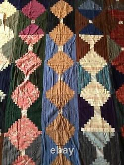 LATE 19th Century Vintage Wool Pieced QUILT LOG CABIN Type Optical Handmade Nice