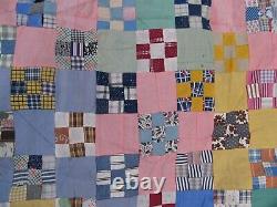 LG. COLORFUL, Antique Handmade 9 PATCH Patchwork Country Quilt Top, 1920, GIFT