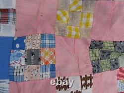 LG. COLORFUL, Antique Handmade 9 PATCH Patchwork Country Quilt Top, 1920, GIFT