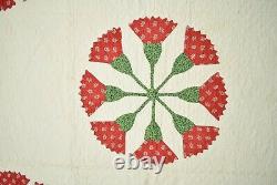 Large, VERY EARLY 1840's Red & Green Tulip Wheel Applique Antique Quilt