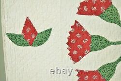 Large, VERY EARLY 1840's Red & Green Tulip Wheel Applique Antique Quilt