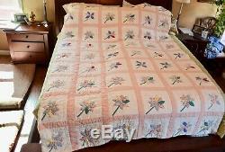Large Vintage Handmade Quilt 103 x 70 with pink and white pinwheel/flower patt