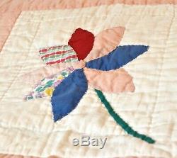 Large Vintage Handmade Quilt 103 x 70 with pink and white pinwheel/flower patt
