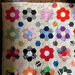 Large Vintage Hexagon Flower Patchwork Polyester Retro Quilt Hand Tied MCM 95x98