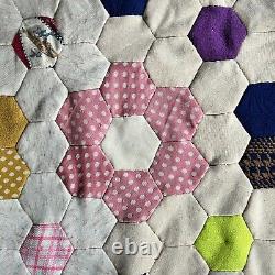 Large Vintage Hexagon Flower Patchwork Polyester Retro Quilt Hand Tied MCM 95x98