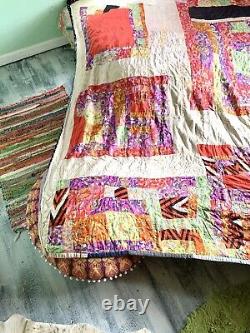 Large Vintage Patchwork Silk Quilt In Great Pre-Owned Condition