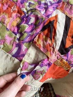 Large Vintage Patchwork Silk Quilt In Great Pre-Owned Condition