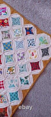 Large Vintage Signed and Dated 70s Cathedral Window Quilt Hand Stitched 93x80