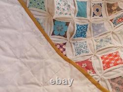 Large Vintage Signed and Dated 70s Cathedral Window Quilt Hand Stitched 93x80