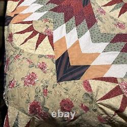 Large Vtg 1930s Feedsack Quilt Raw Cotten Filled Colorful Star Design