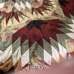 Large Vtg 1930s Feedsack Quilt Raw Cotten Filled Colorful Star Design