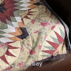 Large Vtg 1930s Feedsack Quilt Raw Cotten Filled Colorful Star Design