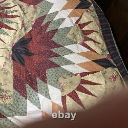 Large Vtg 1930s Feedsack Quilt Raw Cotten Filled Colorful Star Design