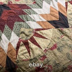 Large Vtg 1930s Feedsack Quilt Raw Cotten Filled Colorful Star Design