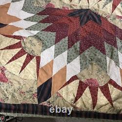 Large Vtg 1930s Feedsack Quilt Raw Cotten Filled Colorful Star Design