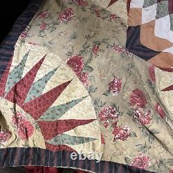 Large Vtg 1930s Feedsack Quilt Raw Cotten Filled Colorful Star Design