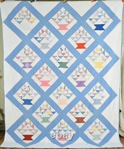 Large WELL QUILTED Vintage 30's Baskets Antique Quilt NICE BLUE FRAMING