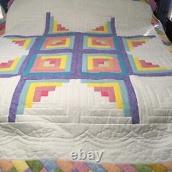 Log Cabin Vintage Handmade Quilt King Pink Purple Yellow Green Hand Quilted
