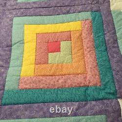 Log Cabin Vintage Handmade Quilt King Pink Purple Yellow Green Hand Quilted