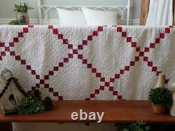 Lovely Shirting Prints! Antique c1890 Red & White Irish Chain QUILT 75x54