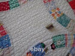 Lovely! Vintage Pink & Green Feedsack Wedding Ring QUILT 84x70