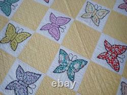 Lovely Vintage Yellow & White Applique Butterfly Quilt 74x66