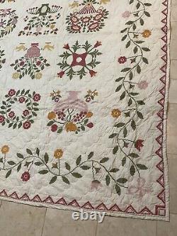 MAGNIFICENT 30's Floral Antique Quilt Hand Embroidered Accents LARGE 95 X 95