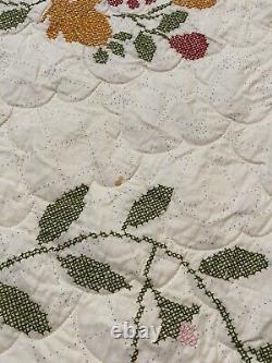 MAGNIFICENT 30's Floral Antique Quilt Hand Embroidered Accents LARGE 95 X 95