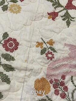 MAGNIFICENT 30's Floral Antique Quilt Hand Embroidered Accents LARGE 95 X 95